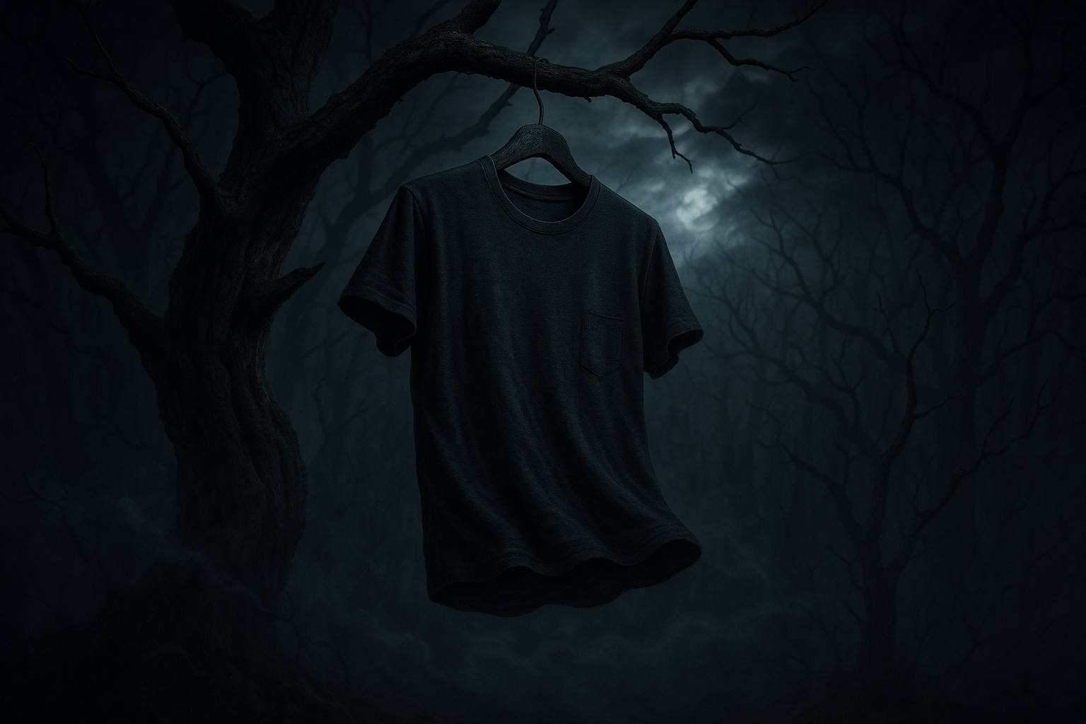 a t-shirt hanging on a tree branch in a spooky environment