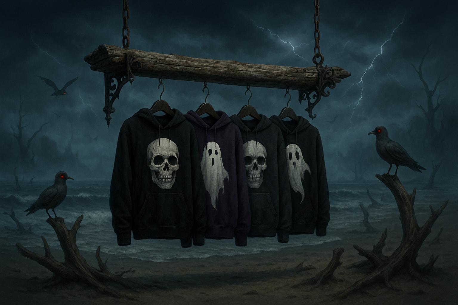 hanging hoodie shelf with spooky design in a haunted sea beach