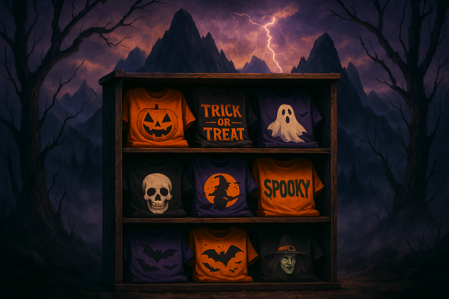 spooky t-shirt shelf with halloween t-shirt designs in a spooky mountain