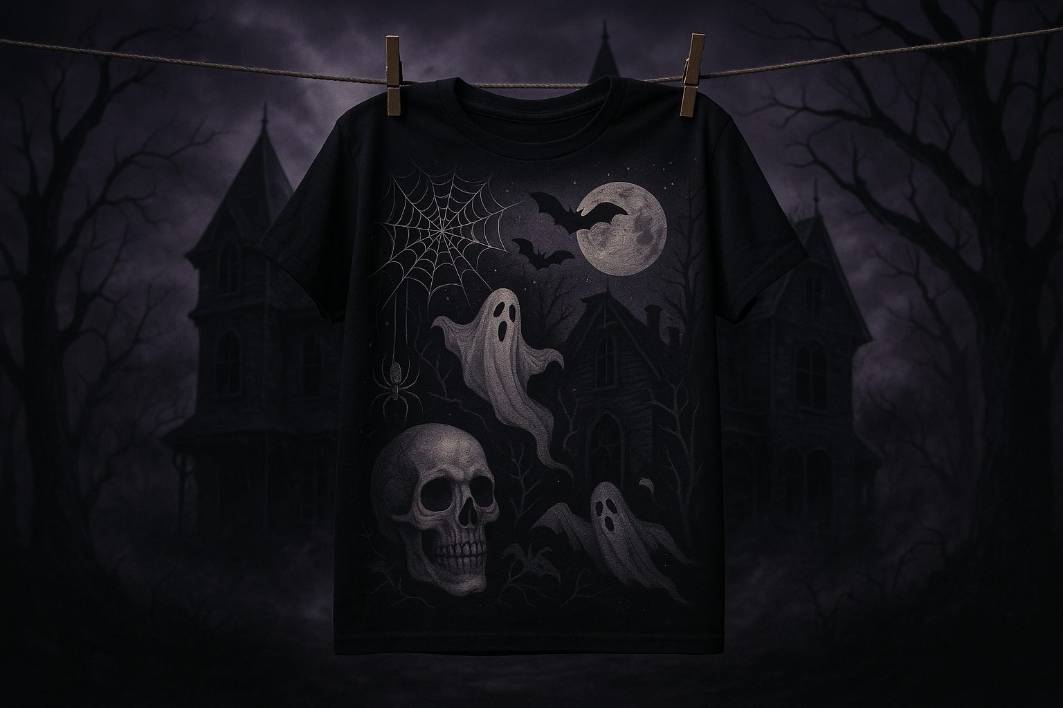 spooky t-shirt with spooky designs hanging in front of a spooky mansion