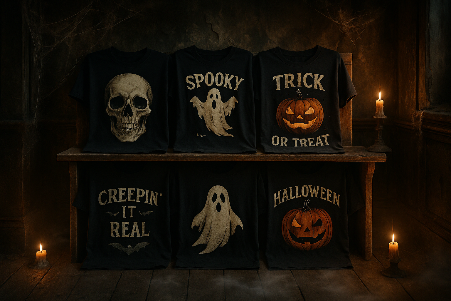 t-shirt shelf with spooky designs in a haunted room